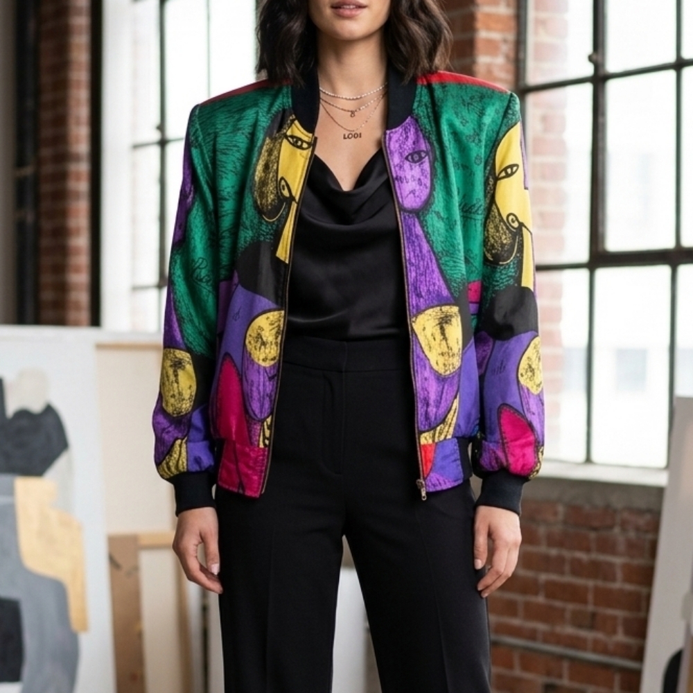 Vintage GDT TOO Cubist Art Bomber Jacket Picasso Style One Size Oversized Silky